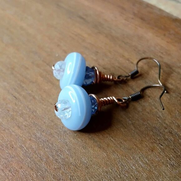 Blue Boho Beaded Dangle Earrings, Copper, OOAK Artisan - Picture 3 of 4